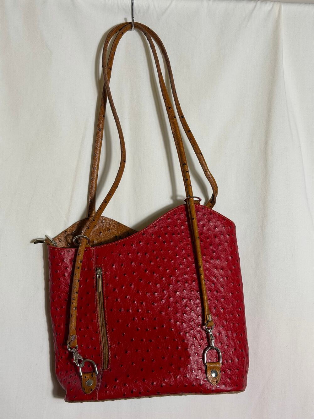 i Malaspina Italy Red Ostrich Embossed Convertible Backpack Shoulder Bag